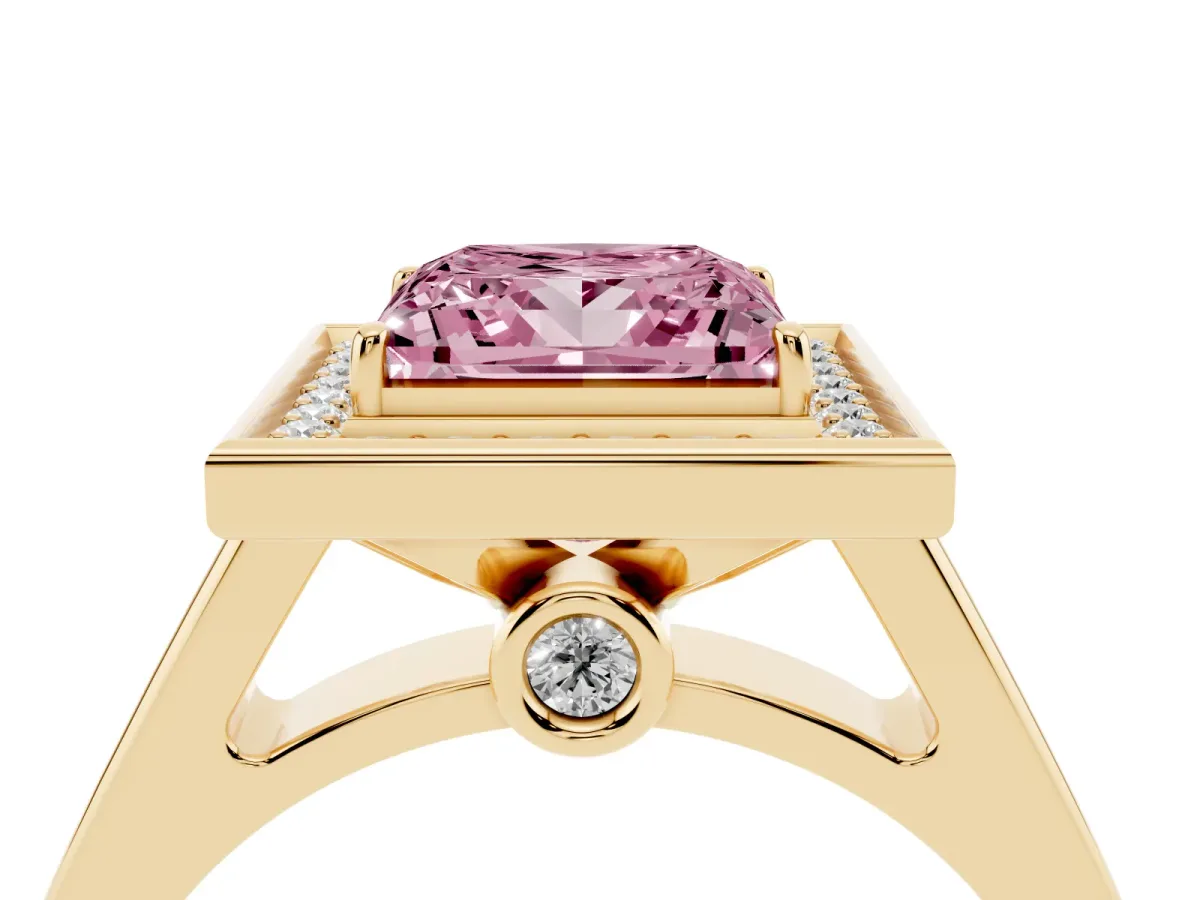 Fancy Pink Princess Cut Halo Solitaire Diamond Ring with Pave Band and Bezel Setting Yellow gold