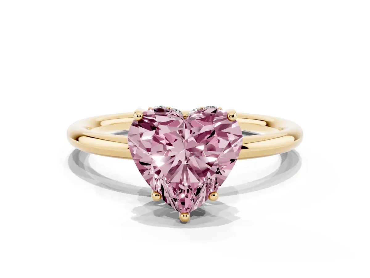 Fancy Pink Heart Cut Solitaire Diamond Ring with a Classic Band and Four-Prong Setting Yellow gold