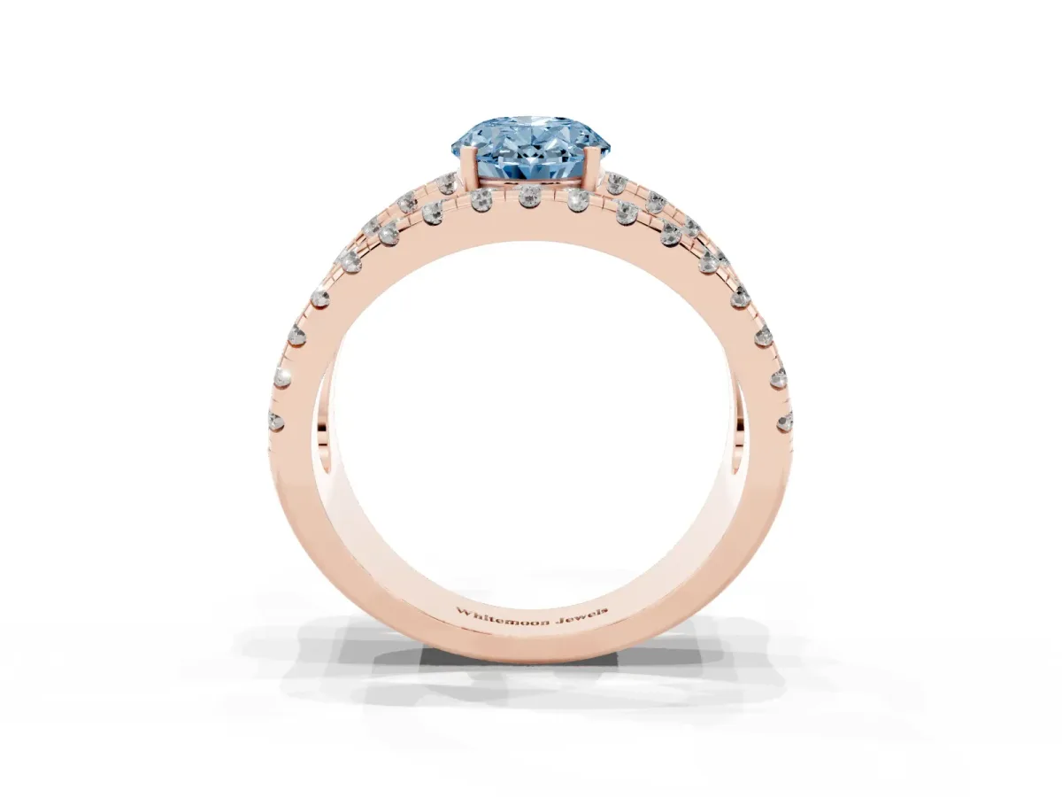 Fancy Blue Oval Cut Solitaire Split Shank Pave Diamond Ring Rose gold