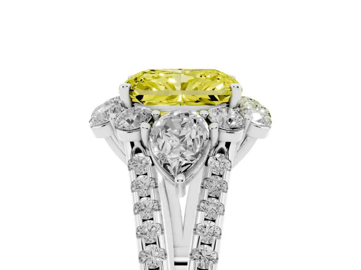 Fancy Yellow Radiant Cut Halo Split Shank Diamond Engagement Ring with Prong Setting Silver