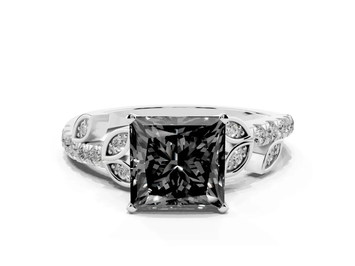 Fancy Black Princess Cut Solitaire Leaf-Inspired Diamond Ring with Pavé Band and Four-Prong Setting Silver