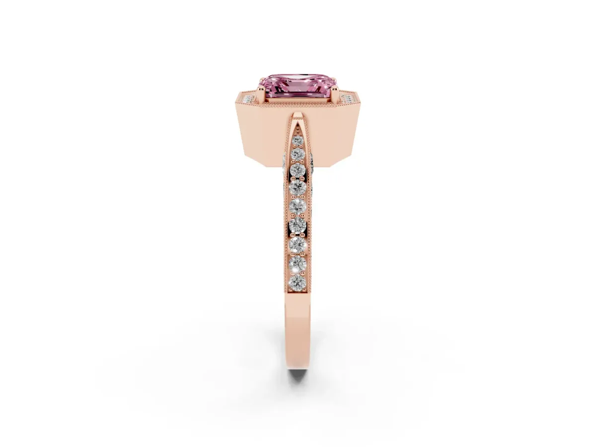 Fancy Pink Asscher Cut Halo Diamond Engagement Ring with Split Shank Band and Four-Prong Setting Rose gold