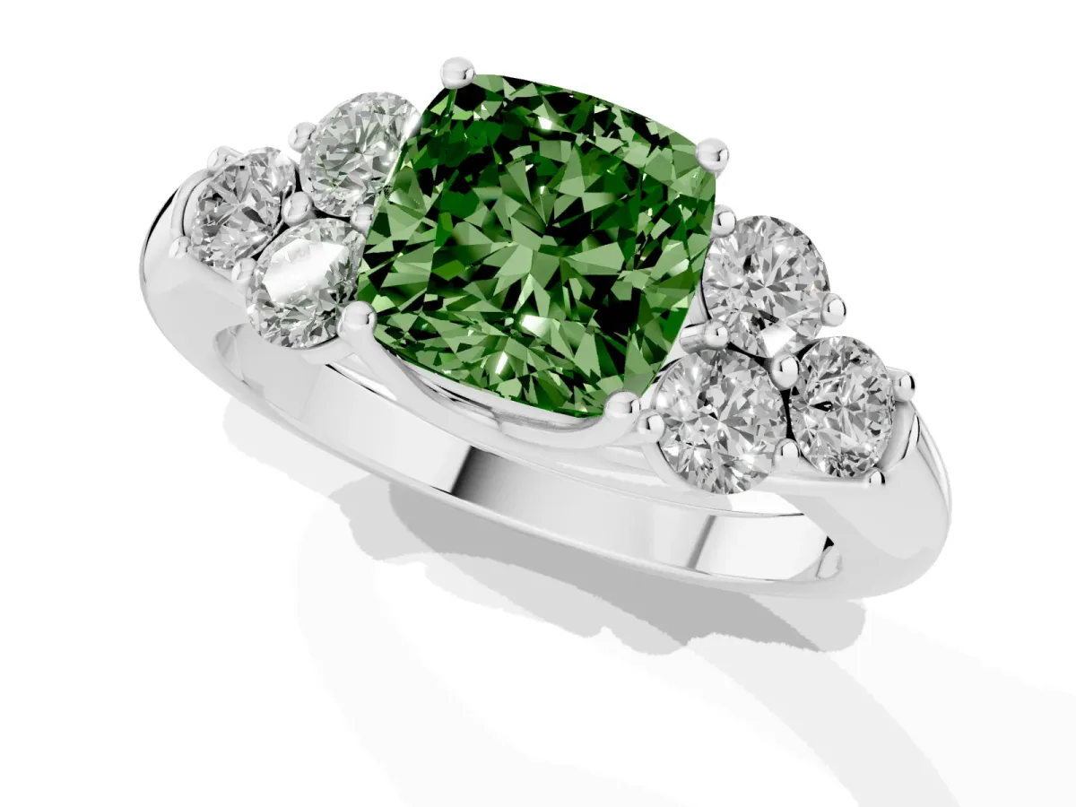 Fancy Green Cushion Cut Cut Diamond Cluster Ring with Round Accent Stones and Prong Setting on a Classic Band White gold