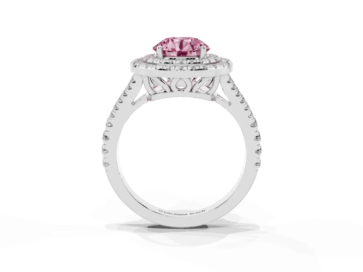 Fancy Pink Round Cut Diamond Double Halo Ring with Pavé Band and Prong Setting Platinum