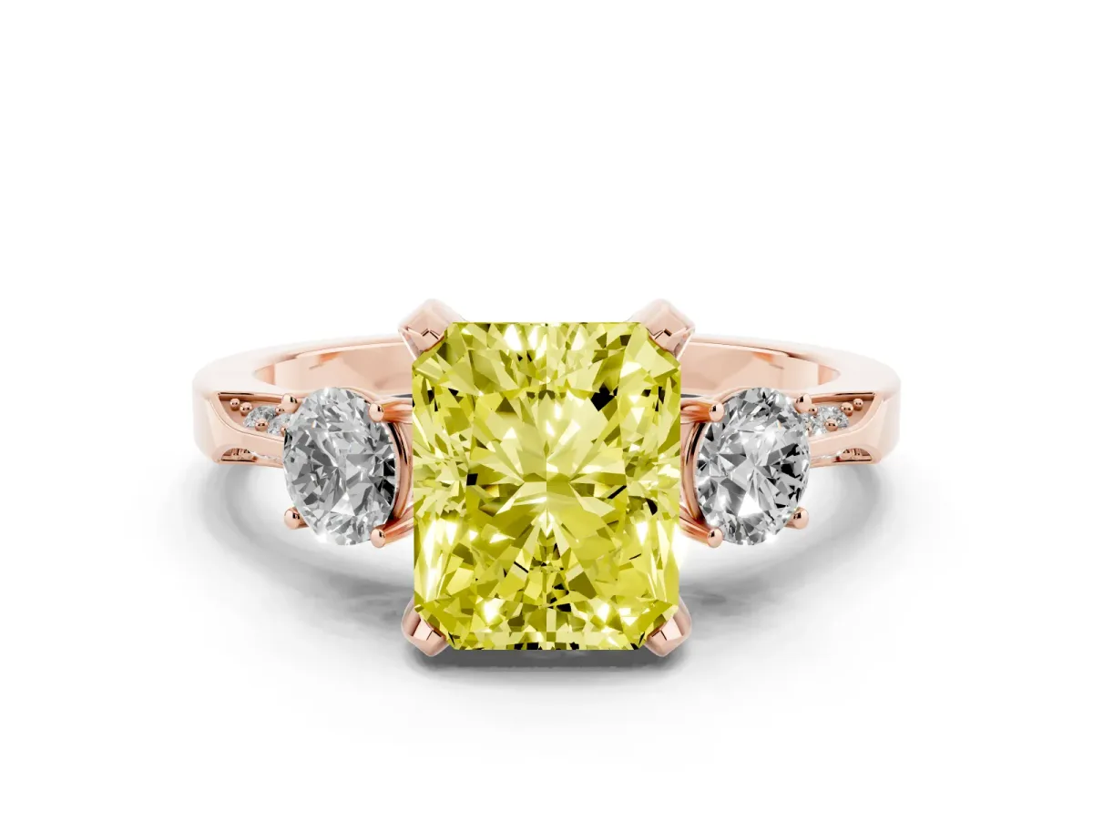 Fancy Yellow Radiant Cut Brilliant Three-Stone Diamond Ring with Pavé Band and Four-Prong Setting Rose gold