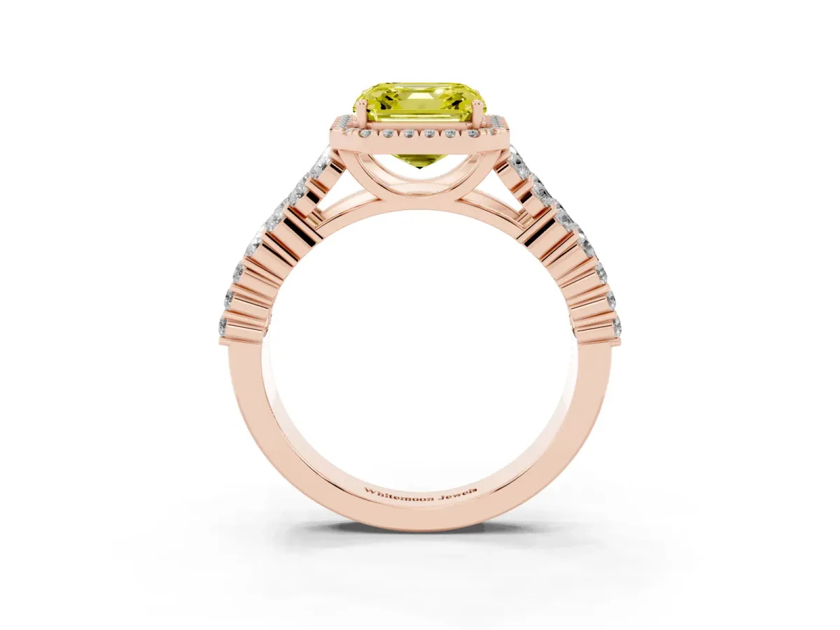 Fancy Yellow Asscher Cut Diamond Halo Engagement Ring with Triple Row Round Pavé Band and Prong Setting Rose gold