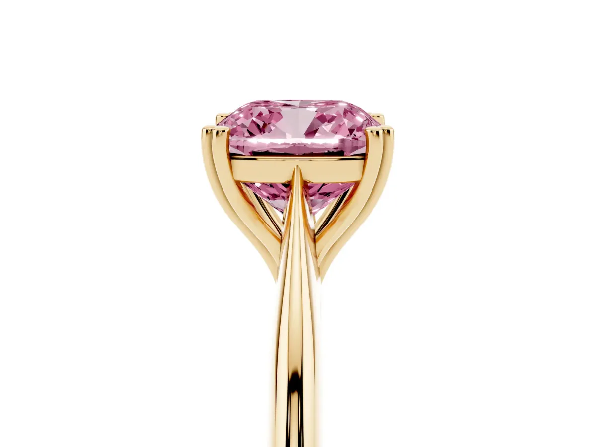 Fancy Pink Cushion Cut Solitaire Diamond Ring with Six-Prong Setting and Classic Band Yellow gold