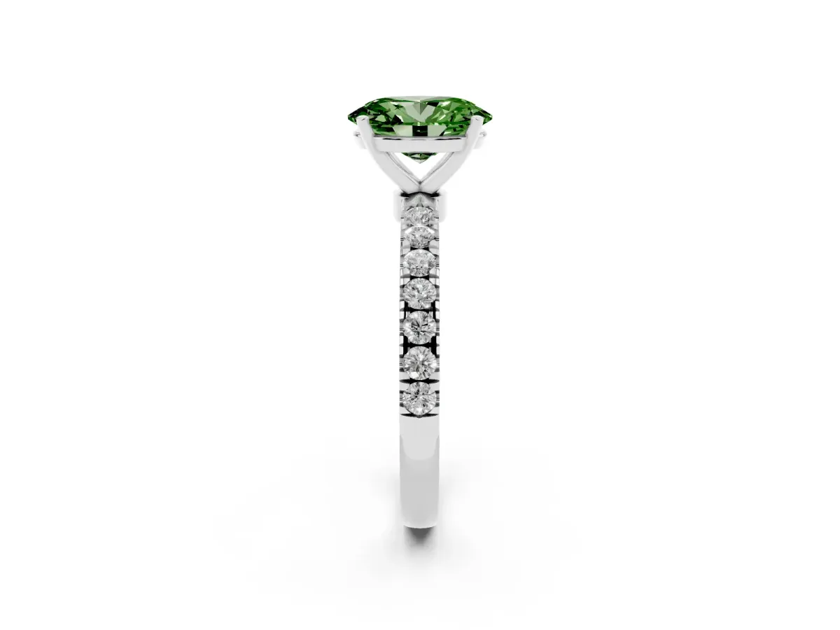 Fancy Green Oval Cut Diamond Solitaire Ring with Pavé Accents and Four-Prong Setting Platinum