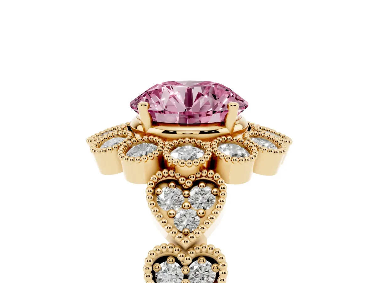 Fancy Pink Round Cut Brilliant Milgrain Pave Heart Band Solitaire Ring Yellow gold