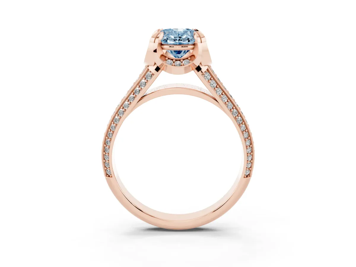 Fancy Blue Oval Cut Solitaire Pave Split Shank Ring with Four-Prong Setting Rose gold