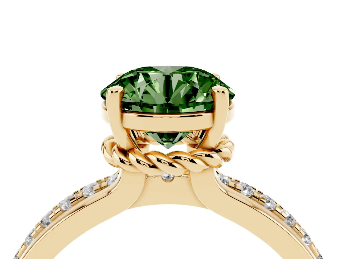 Fancy Green Round Cut Solitaire Diamond Ring with Channel Set Band and Six-Prong Setting Yellow gold