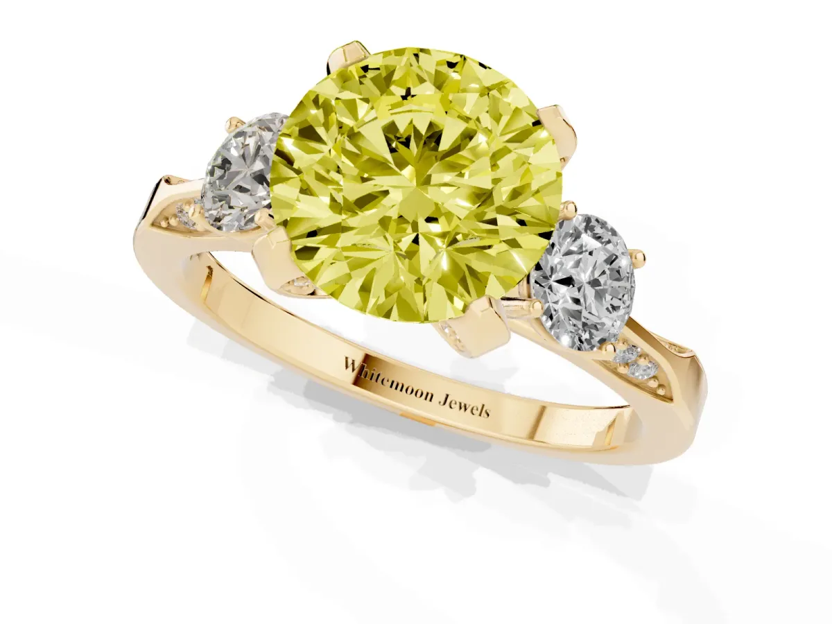 Fancy Yellow Round Cut Brilliant Three-Stone Diamond Ring with Pavé Band and Four-Prong Setting Yellow gold