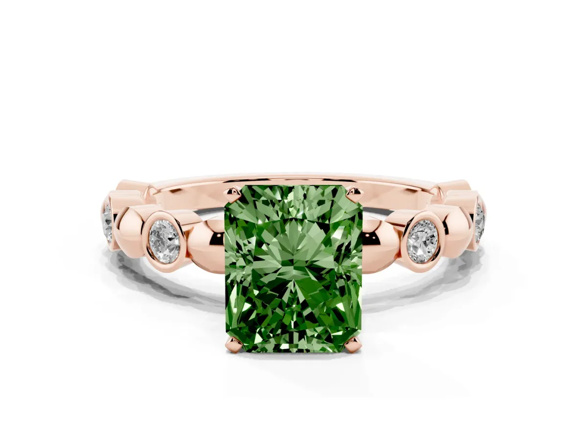 Fancy Green Radiant Cut Solitaire Bezel-Set Diamond Ring with Beaded Band and Four-Prong Setting Rose gold