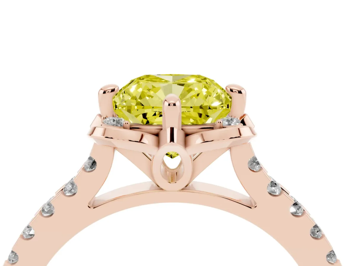 Fancy Yellow Cushion Cut Diamond Ring with Pavé Band and Floral Prong Setting Rose gold