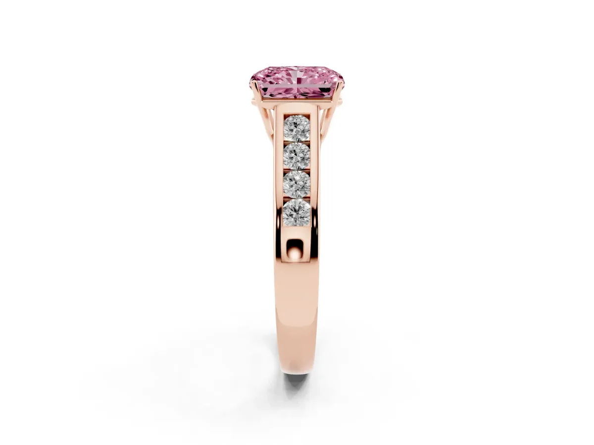 Fancy Pink Radiant Cut Brilliant Channel-Set Solitaire Ring with Four-Prong Setting Rose gold