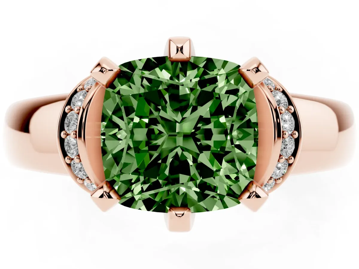 Fancy Green Cushion Cut Solitaire Diamond Ring with Pave Band and Six-Prong Setting Rose gold