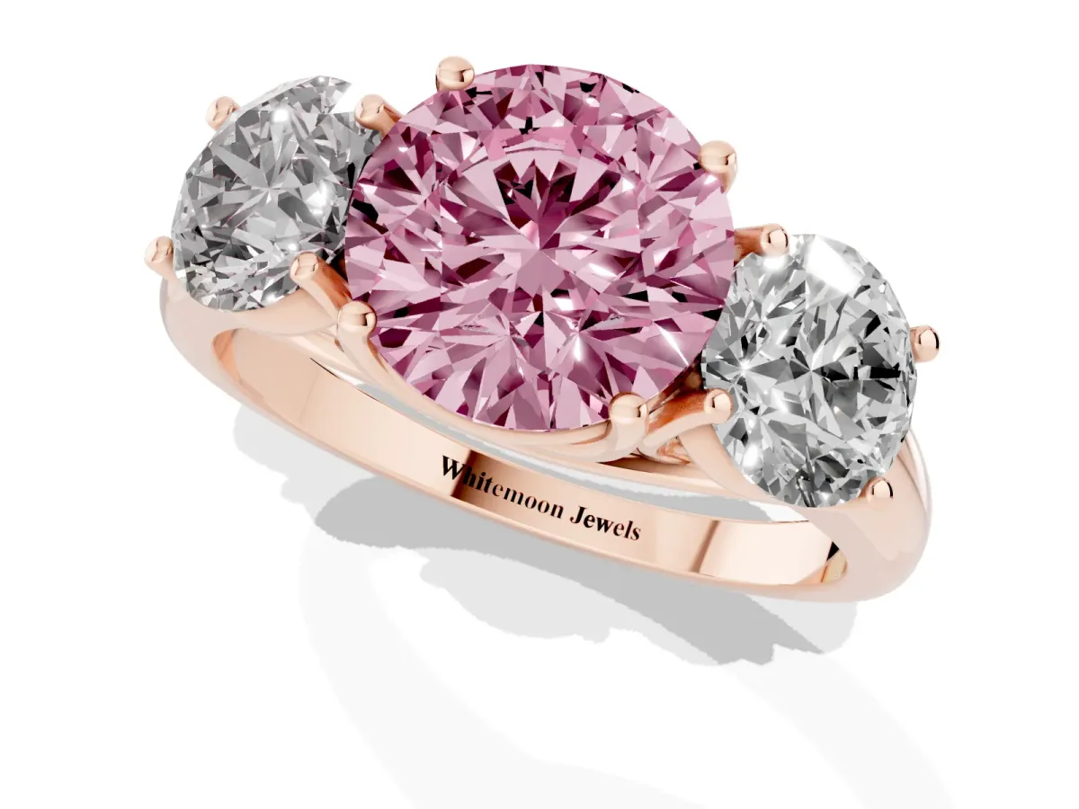 Fancy Pink Three-Stone Round Cut Diamond Engagement Ring with Prong Setting Rose gold