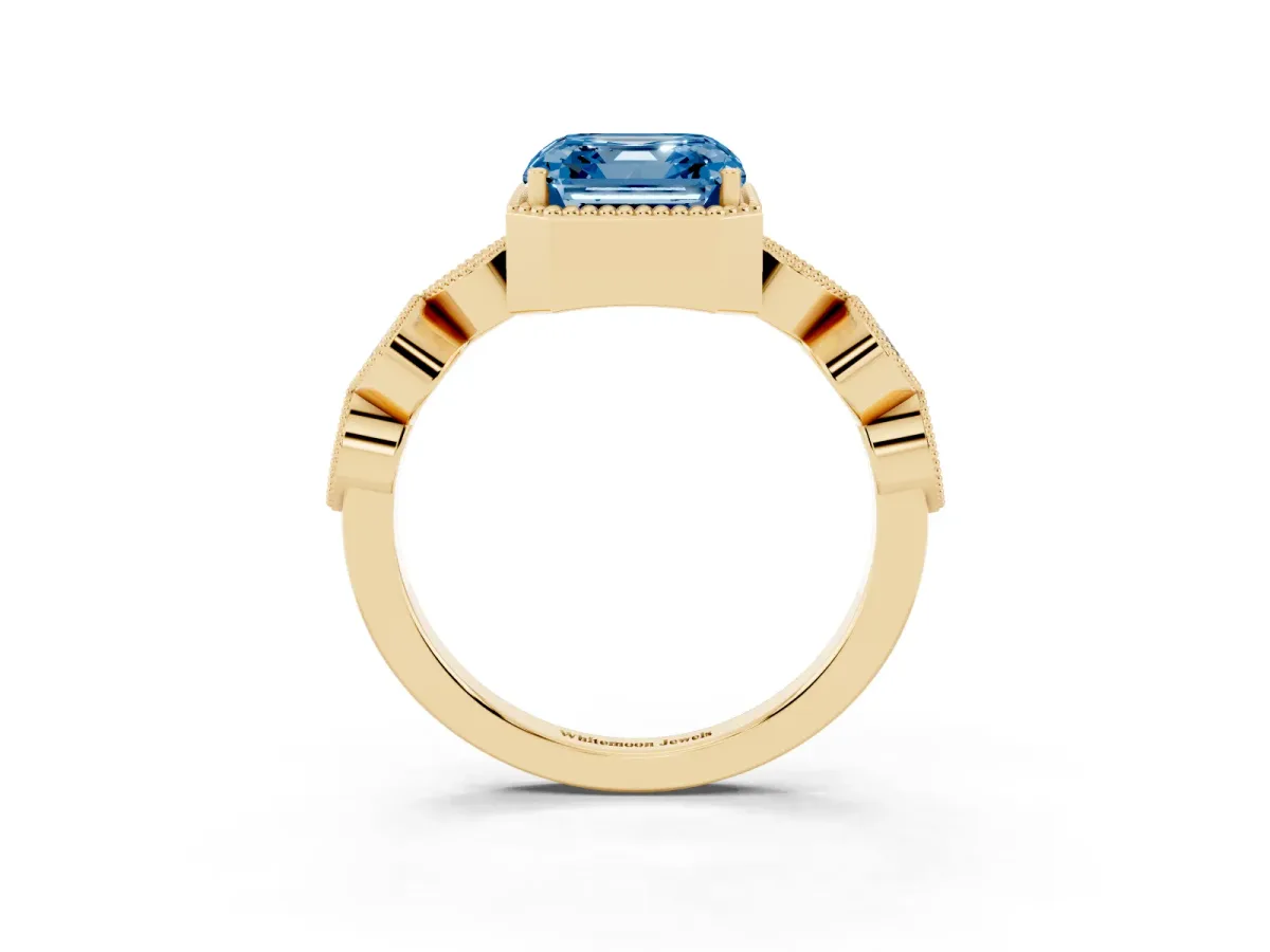 Fancy Blue Asscher Cut Diamond Vintage Milgrain Ring with Round Stations Yellow gold
