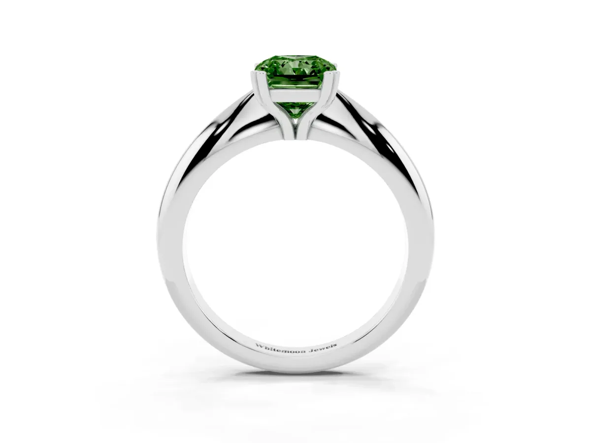 Fancy Green Radiant Cut Cut Solitaire Engagement Ring with Tapered Band and Four-Prong Setting Platinum