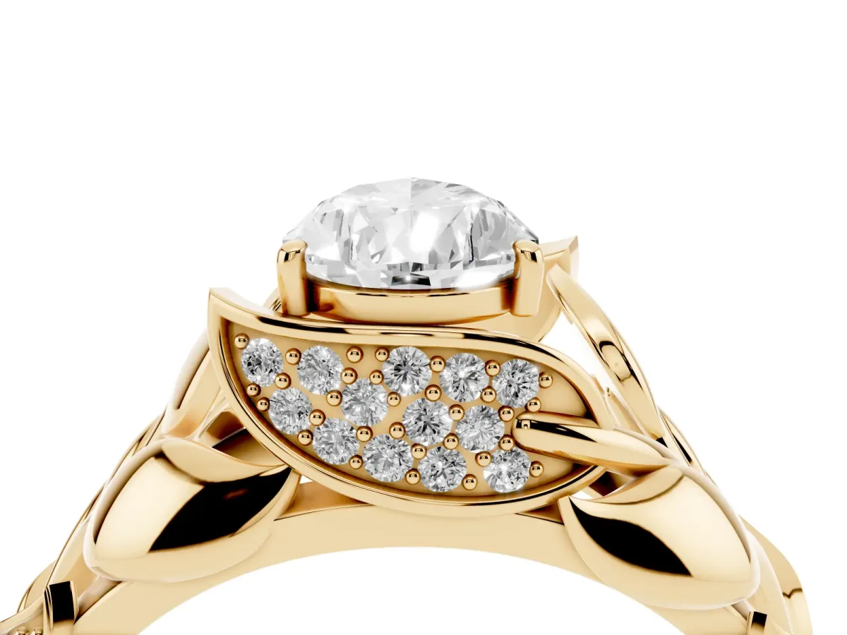 Pear Cut Diamond Leaf-Inspired Engagement Ring with Round Accents and Prong Setting Yellow gold