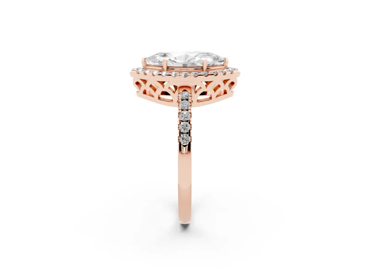 Marquise Cut Halo Diamond Engagement Ring with Pavé Band and Four-Prong Setting Rose gold