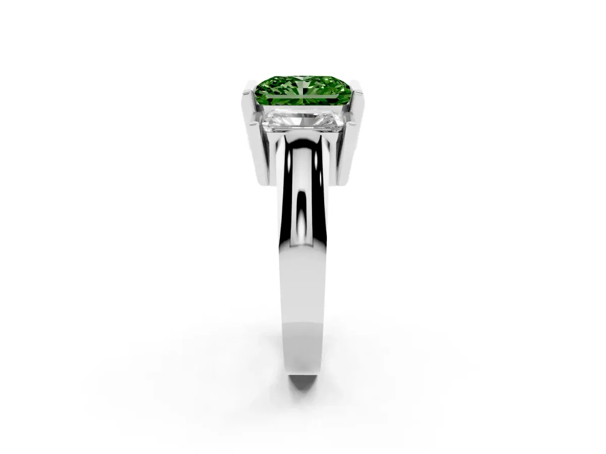 Fancy Green Three Stone Radiant Cut Cut Channel Set Diamond Ring Silver