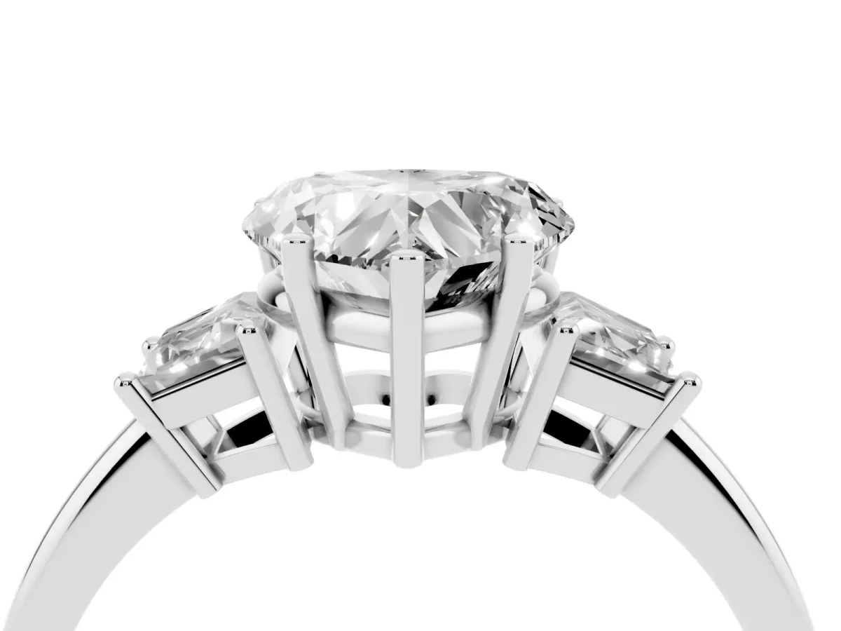 Heart Cut Diamond Three-Stone Ring with Trapezoid Side Stones and Prong Setting Platinum