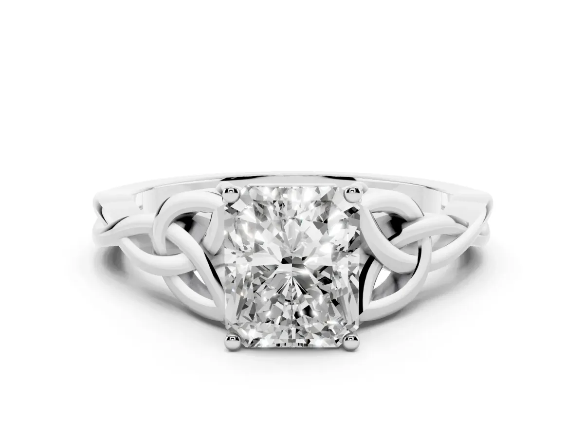 Radiant Cut Diamond Solitaire Engagement Ring with Celtic Knot Band and Four-Prong Setting Silver