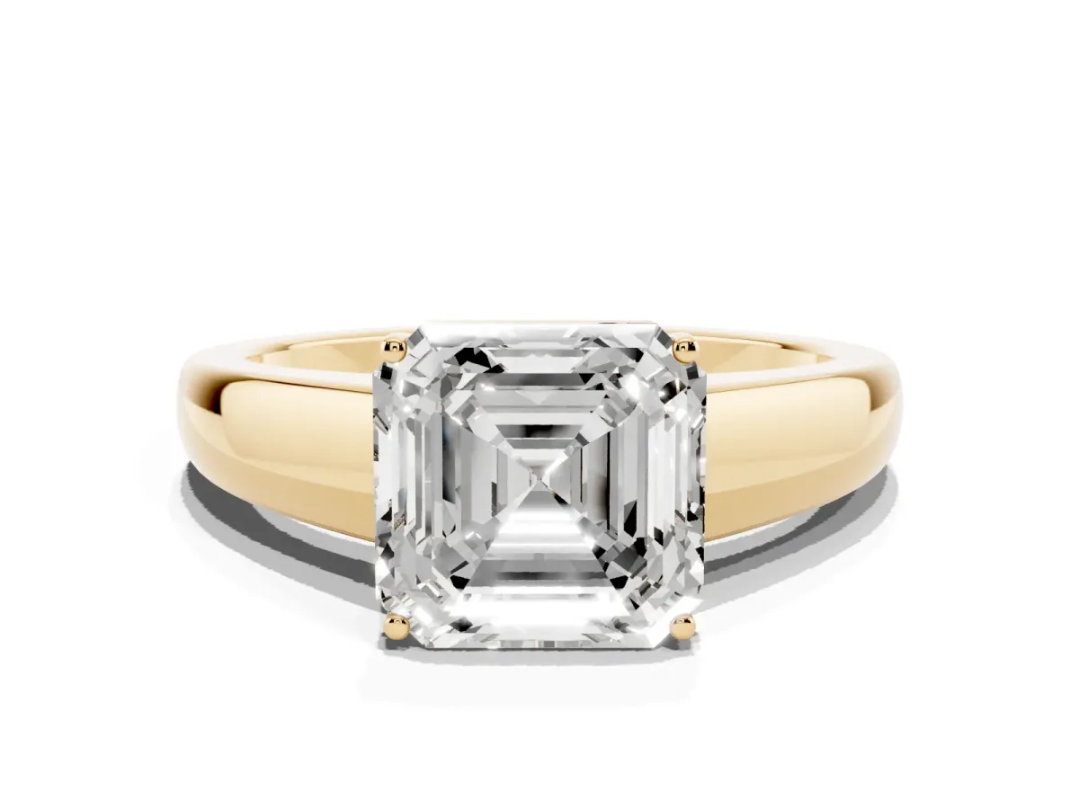 Asscher Cut Solitaire Diamond Ring with Tapered Band and Four-Prong Setting Yellow gold
