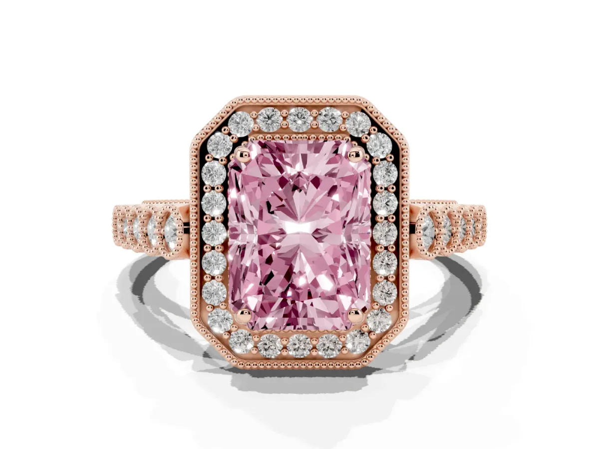 Fancy Pink Radiant Cut Halo Milgrain Solitaire with Bezel Set Side Stones and Pave Band Rose gold