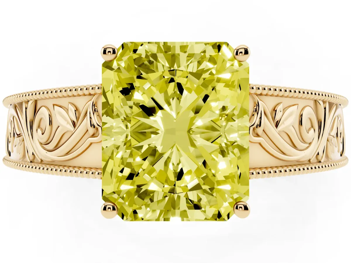 Fancy Yellow Radiant Cut Diamond Solitaire Ring with Engraved Band and Four-Prong Setting Yellow gold