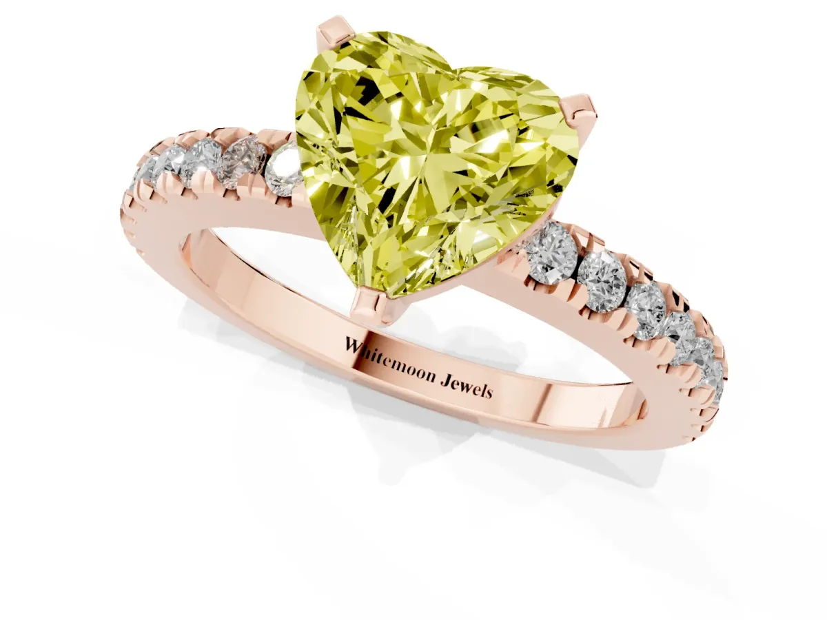 Fancy Yellow Heart Cut Solitaire Diamond with Pavé Band and Four-Prong Setting Rose gold