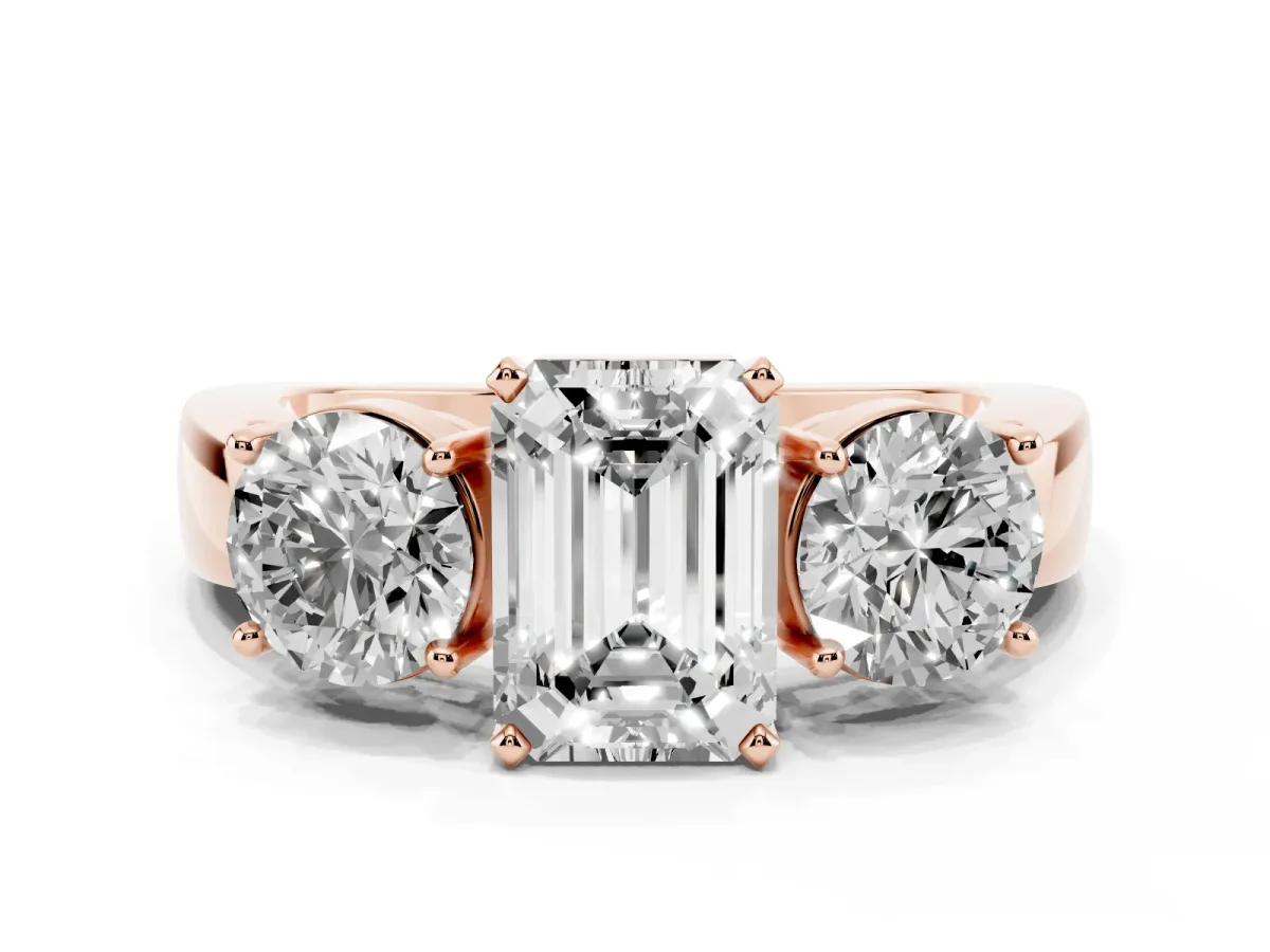 Three-Stone Emerald Cut Diamond Ring with Round Side Stones, Classic Band, and Four-Prong Setting Rose gold