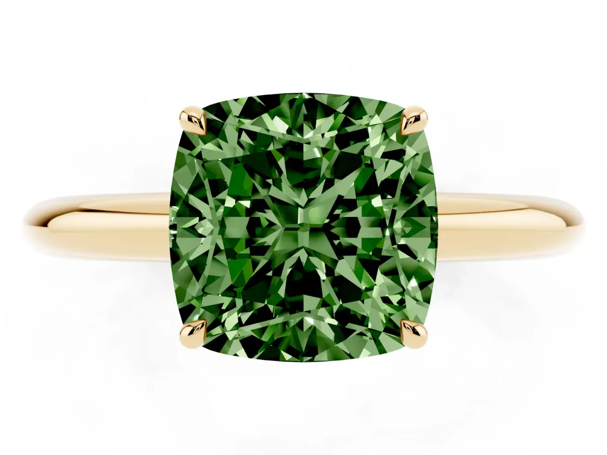 Fancy Green Cushion Cut Brilliant Solitaire Engagement Ring with Six-Prong Setting and Classic Band Yellow gold