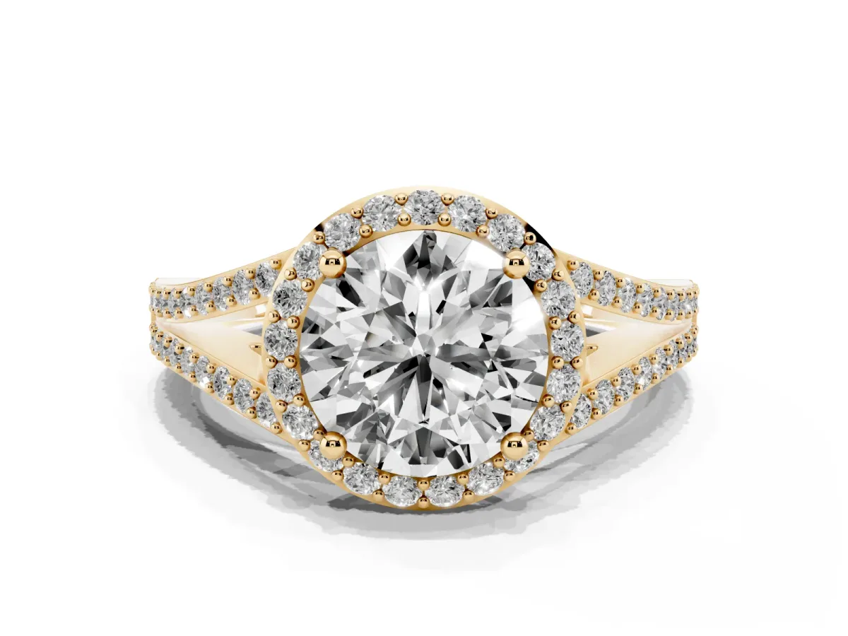 Round Cut Halo Split Shank Pave Diamond Ring with Four-Prong Setting Yellow gold