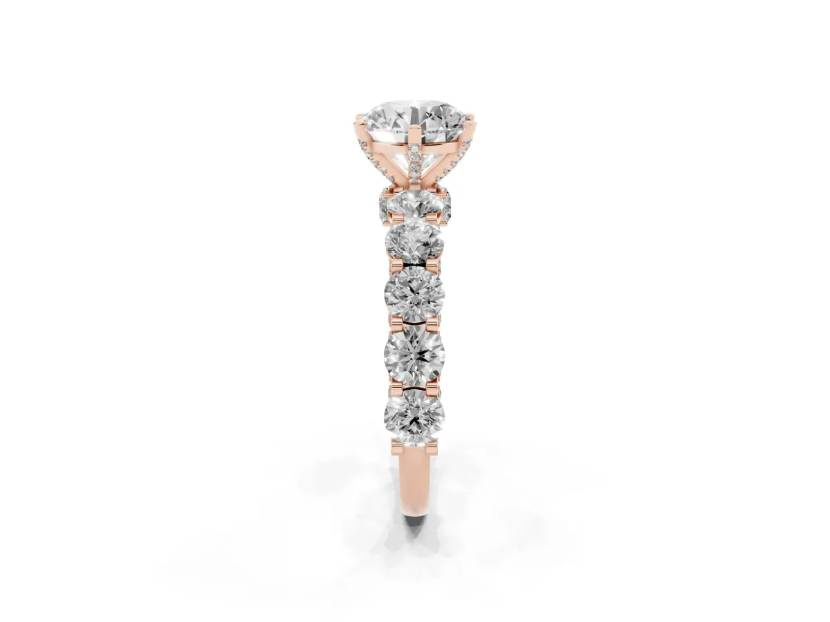 Round Cut Diamond Side Stone Engagement Ring with Four-Prong Setting Rose gold