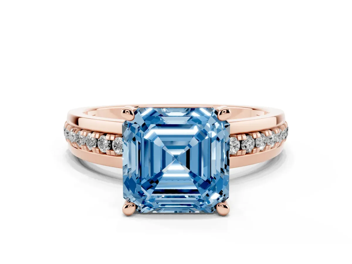 Fancy Blue Asscher Cut Solitaire Diamond Ring with Channel Set Band and Six-Prong Setting Rose gold