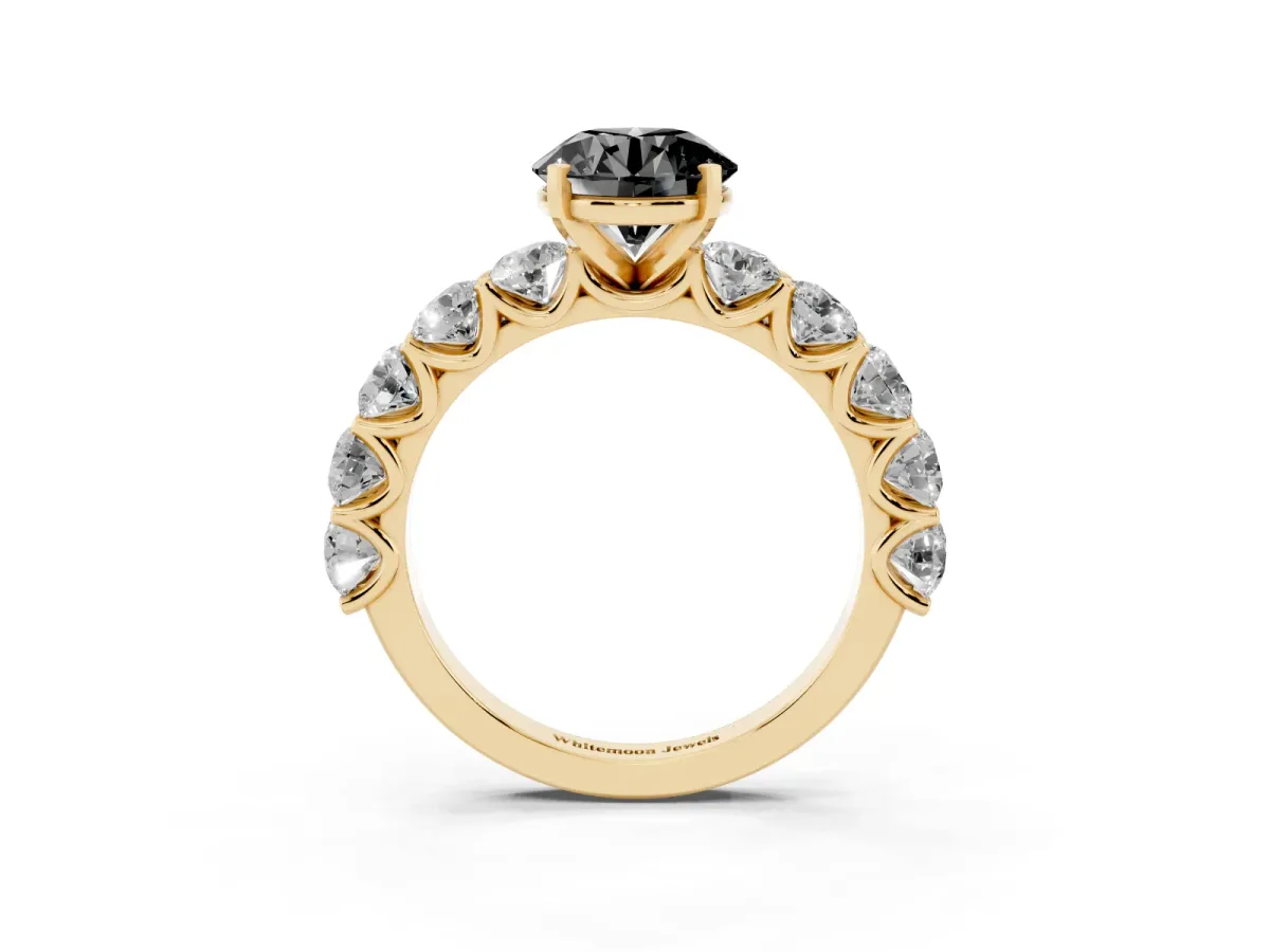 Fancy Black Round Cut Diamond Prong Setting with Side Stones on a Pave Band Yellow gold