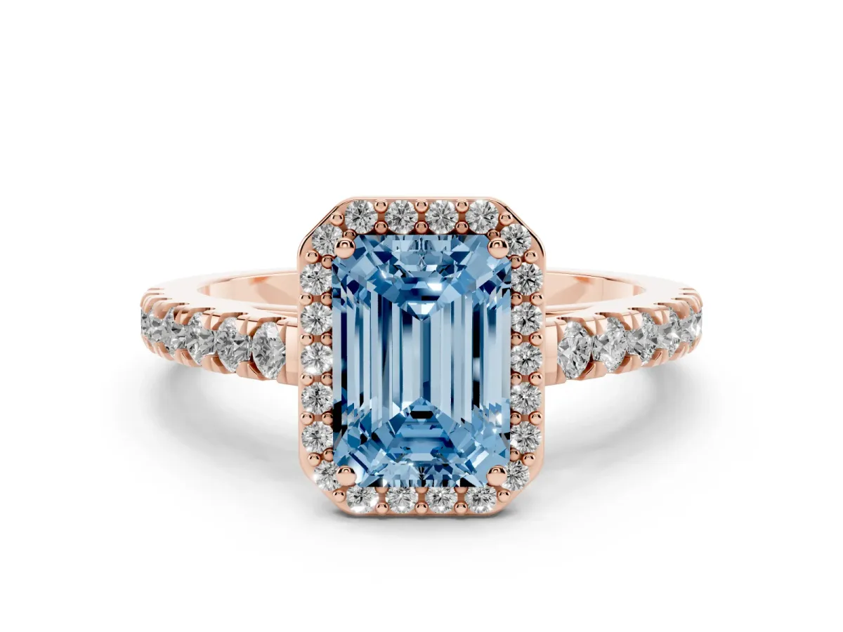 Fancy Blue Emerald Cut Cut Halo Diamond Engagement Ring with Pave Band and Four-Prong Setting Rose gold