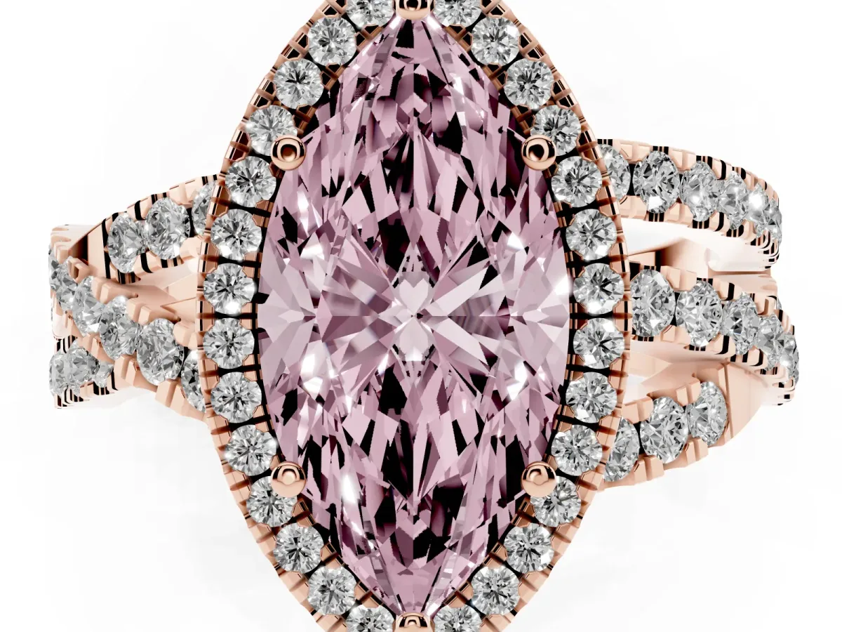 Fancy Pink Marquise Cut Diamond Halo Ring with Round Split Shank and Prong Setting Rose gold