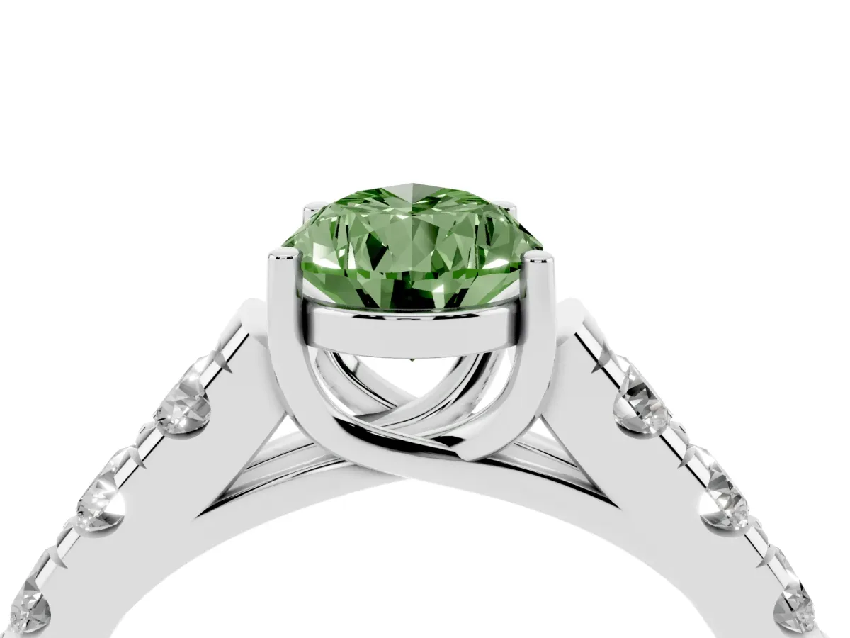 Fancy Green Pear Cut Cut Diamond Solitaire Ring with Micro Pave Band and Prong Setting Platinum