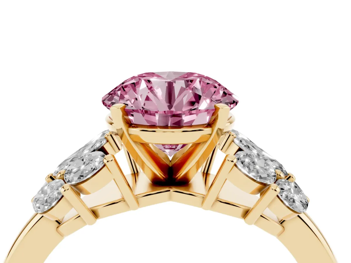 Fancy Pink Round Cut Diamond Cluster Leaf Design Ring with Prong Setting Yellow gold