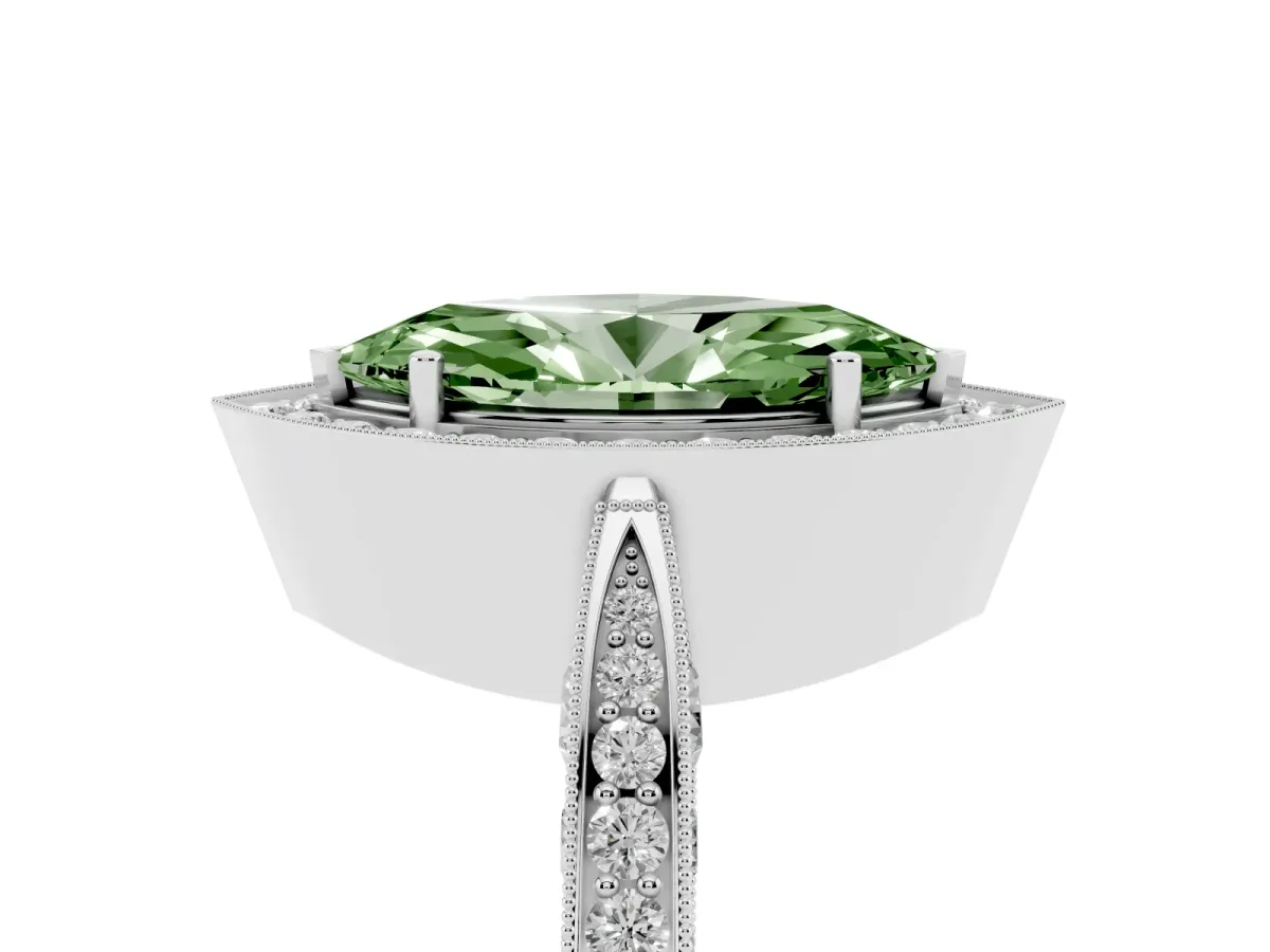 Fancy Green Marquise Cut Halo Diamond Engagement Ring with Split Shank Band and Four-Prong Setting Silver