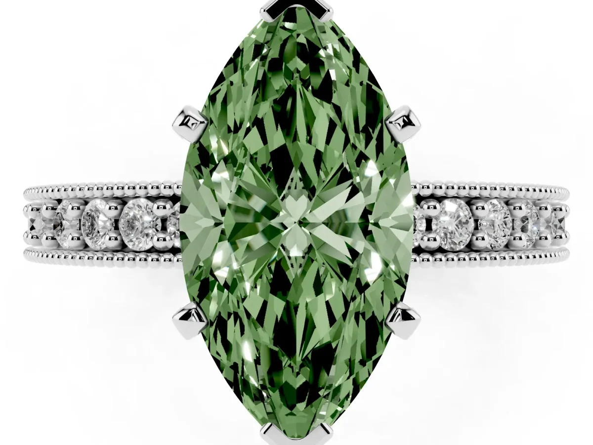 Fancy Green Marquise Cut Diamond Milgrain Pavé Engagement Ring with Four-Prong Setting Platinum