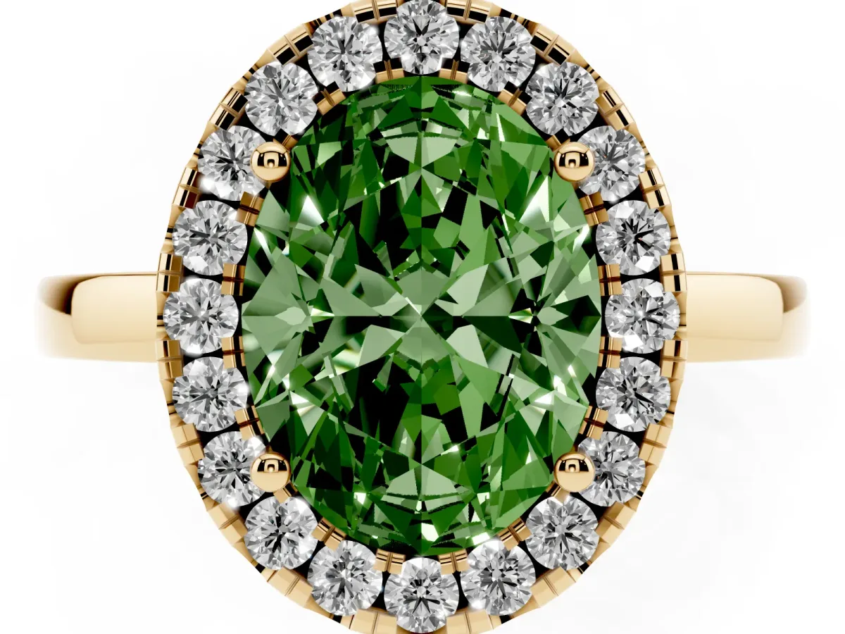 Fancy Green Oval Cut Halo Diamond Solitaire with Pavé Band and Four-Prong Setting Yellow gold