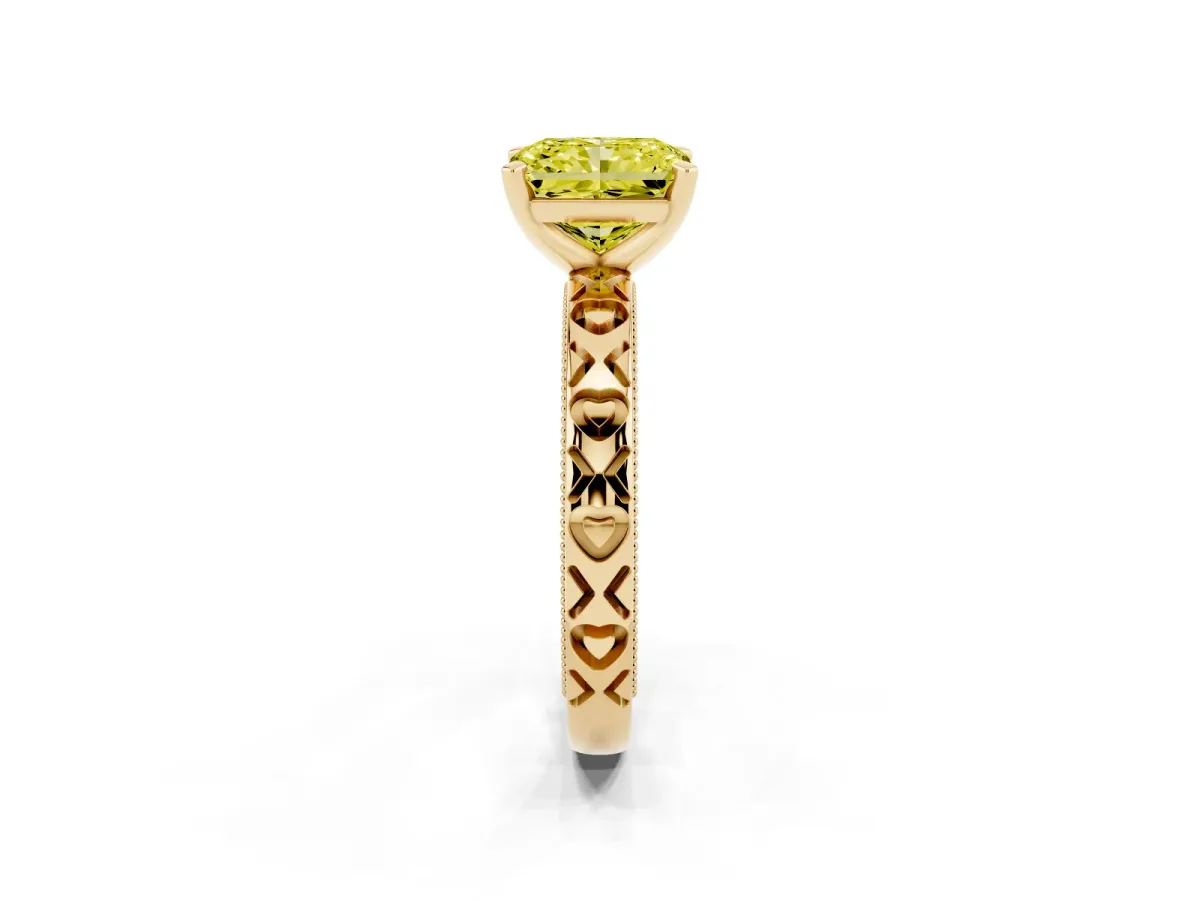 Fancy Yellow Radiant Cut Solitaire Diamond Engagement Ring with XO Engraved Band and Four-Prong Setting Yellow gold