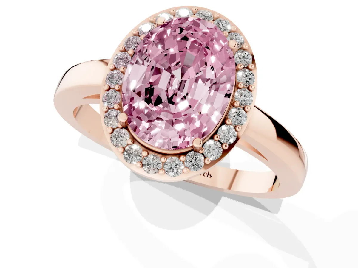 Fancy Pink Oval Cut Halo Diamond Ring with Solitaire Band and Prong Setting Rose gold