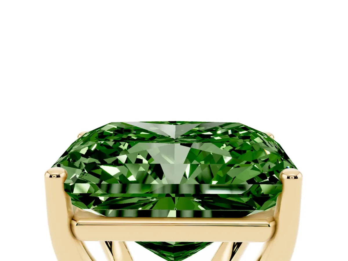 Fancy Green Radiant Cut Cut Diamond Solitaire Engagement Ring with Tapered Plain Band and Four-Prong Setting Yellow gold