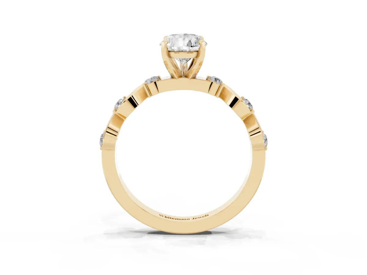 Pear Cut Diamond Solitaire Twisted Band with Round Accents and Prong Setting Yellow gold