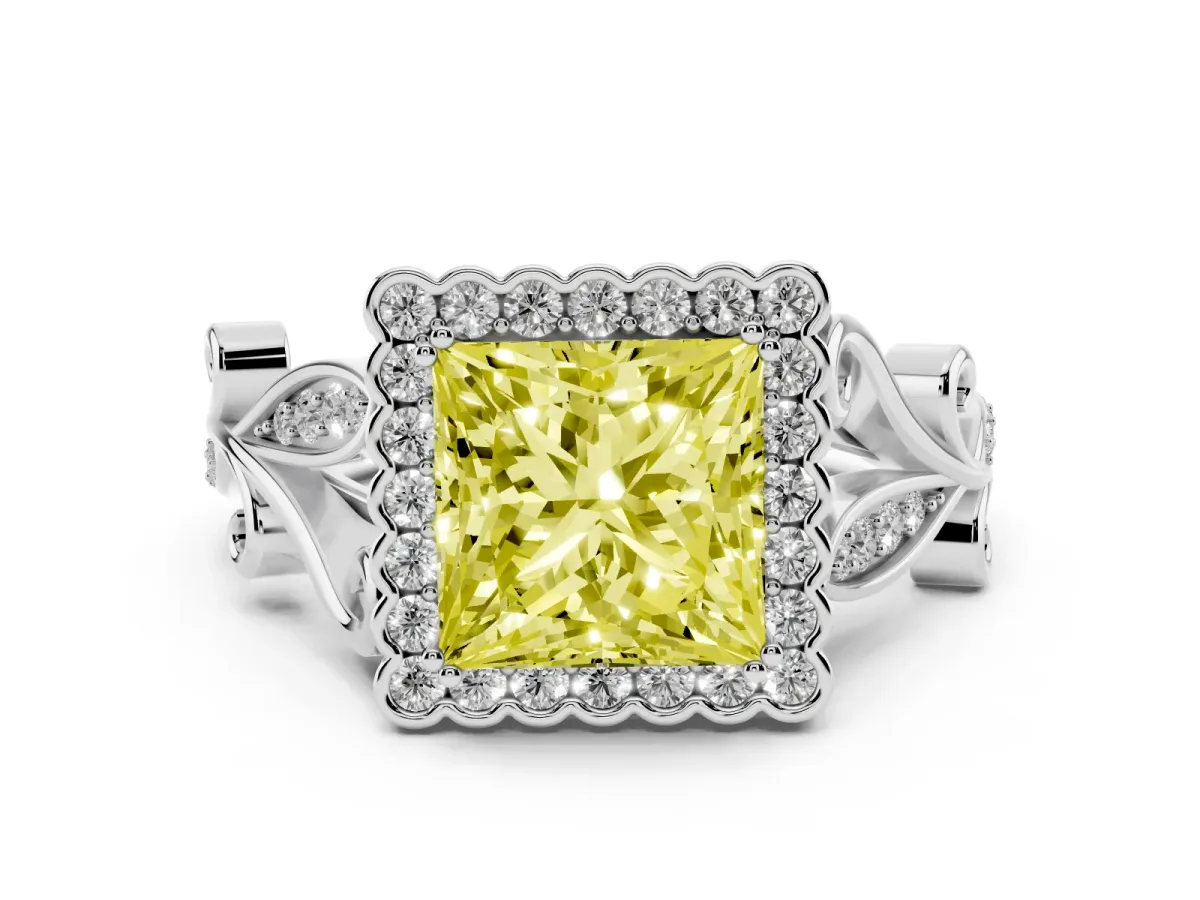 Fancy Yellow Princess Cut Diamond Halo Ring with Vintage Split Shank and Four-Prong Setting Silver